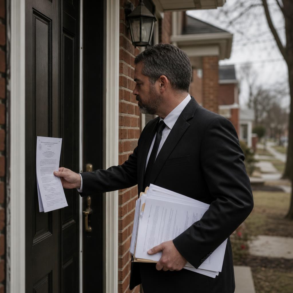 Process server holding legal documents at the front door of a brick home.