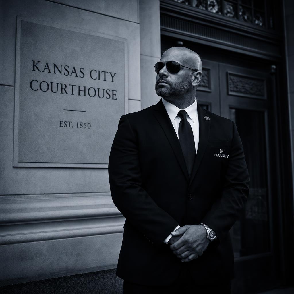 Security professional in a suit standing outside the Kansas City Courthouse.
