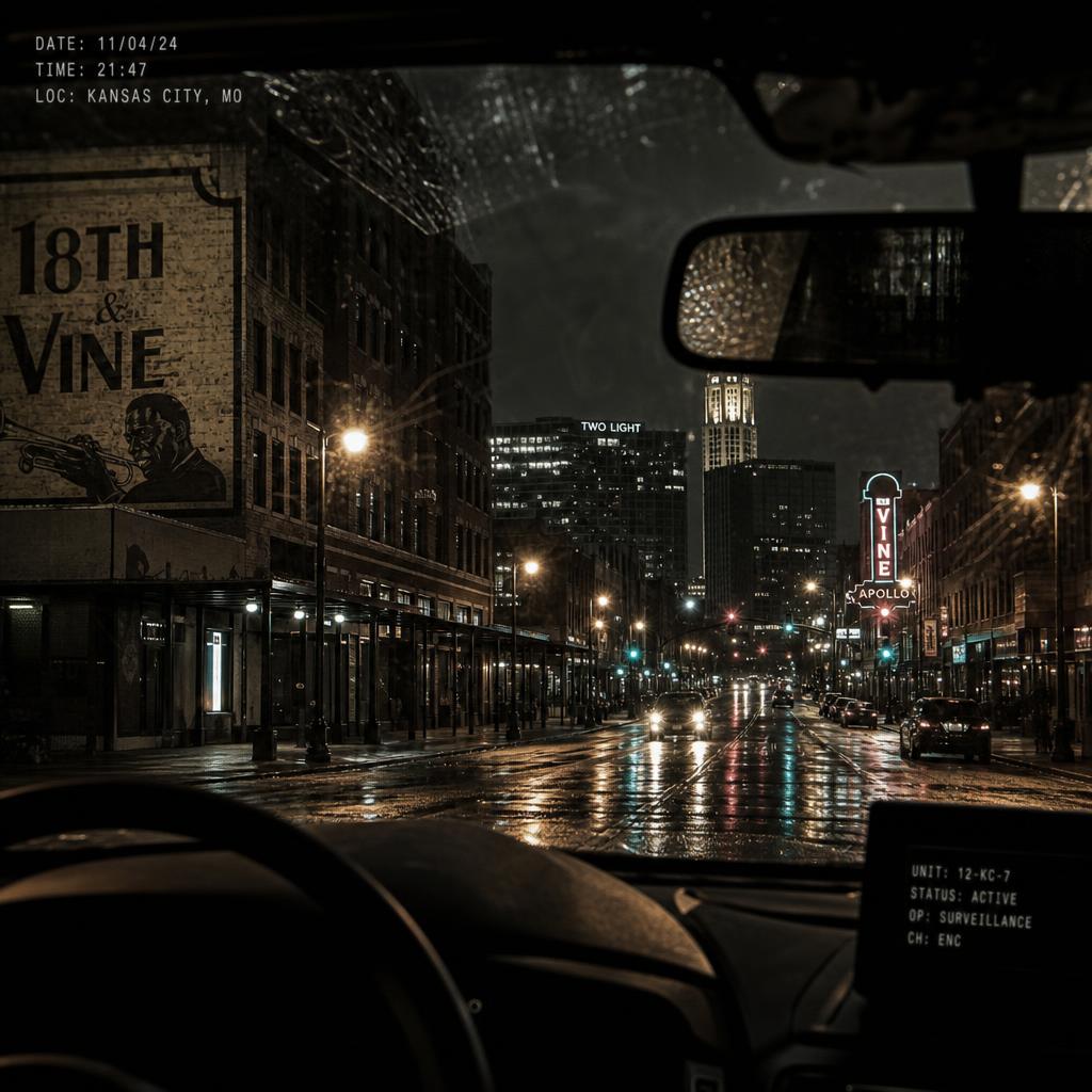 Nighttime view of a rain-soaked Kansas City street through a surveillance vehicle windshield.